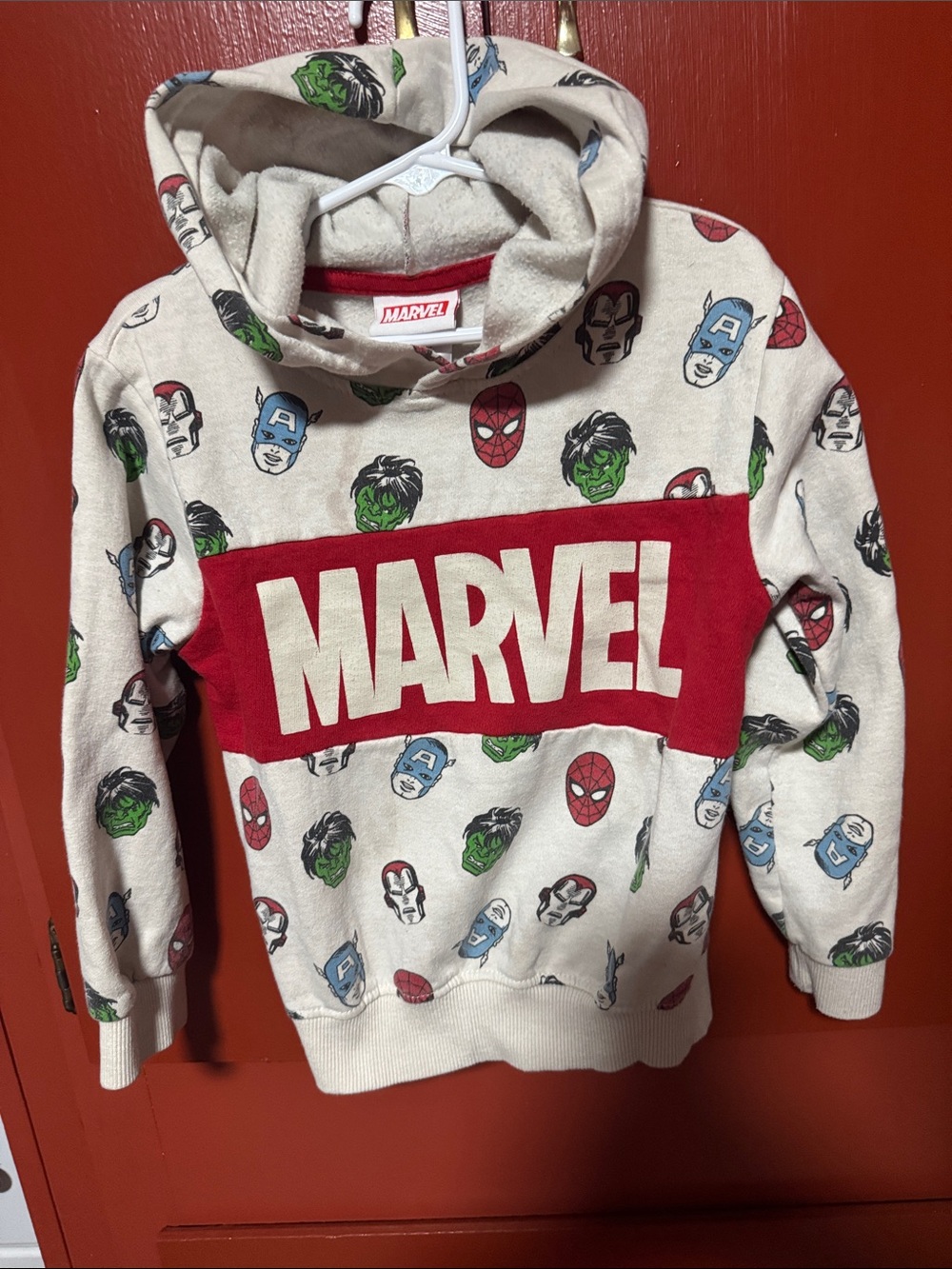 Marvel Kids Cream Hoodie with Red Logo and Multicolor Superhero Faces